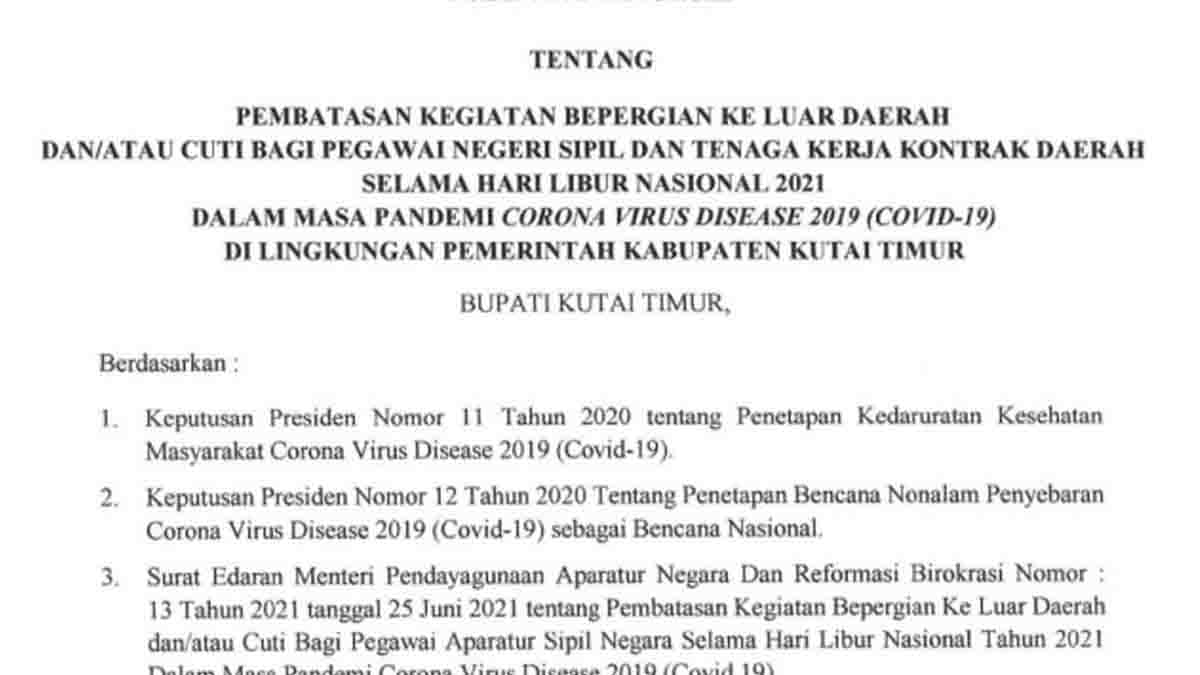 ASN Dan Tenaga Kontrak Daerah Kutim di Larang Keluar Daerah
