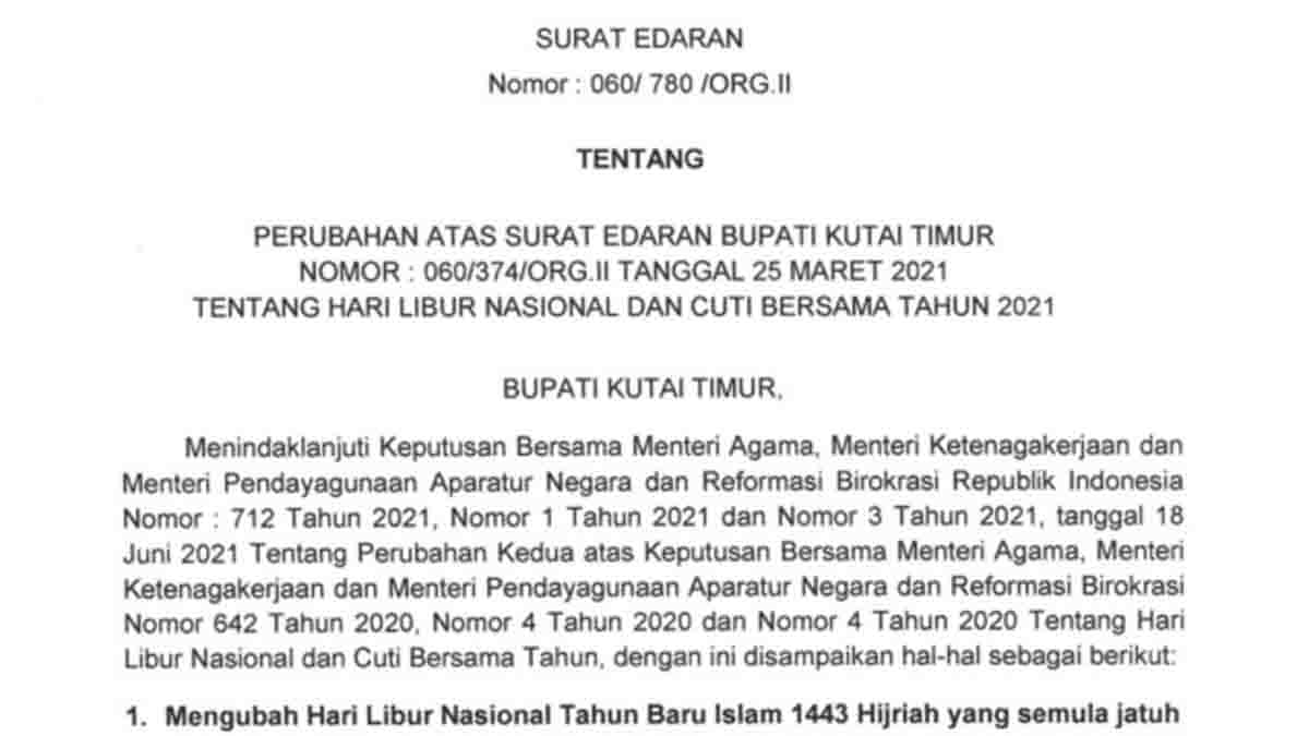 Bupati Kutim Keluarkan Surat Edaran Libur Nasional dan Cuti Bersama Tahun 2021